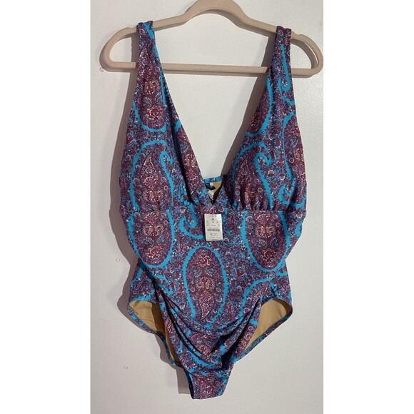 J Crew Swimsuit 3X Blue Red Paisley Floral One Piece Resort Beach Pool Slimming - Picture 1 of 12